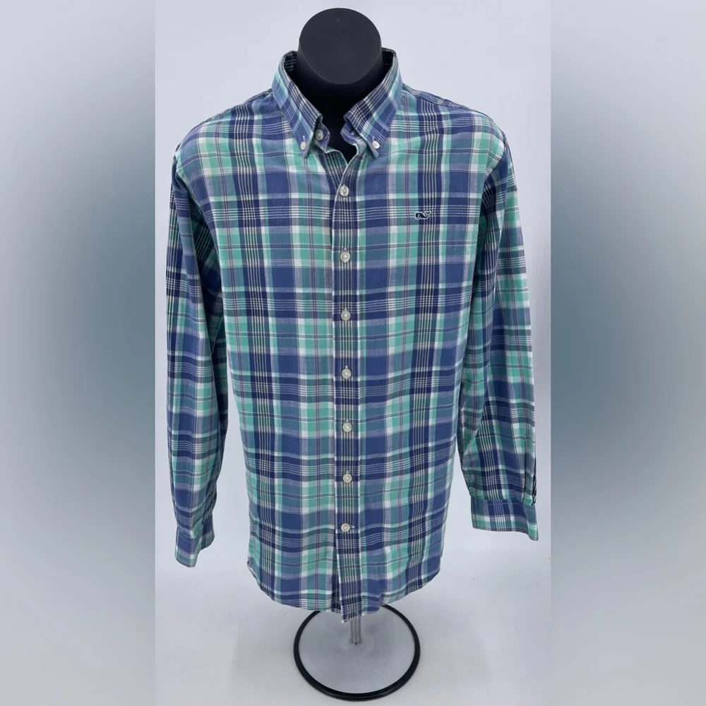 Vineyard Vines Whale Shirt Aqua Blue & Pink Plaid Cotton Preppy Boys L‎ (16-18)